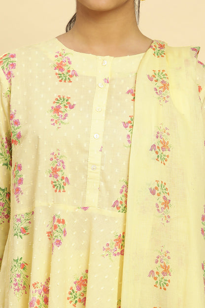 Yellow Floral Printed Flared Kurta, Pants And Dupatta Set