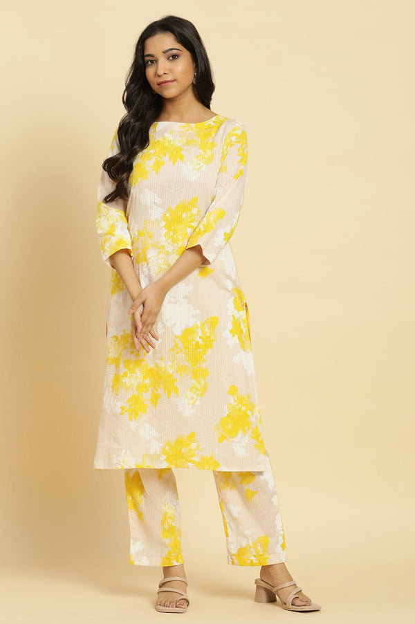Off White Floral Printed Textured Cotton Kurta and Pants Set