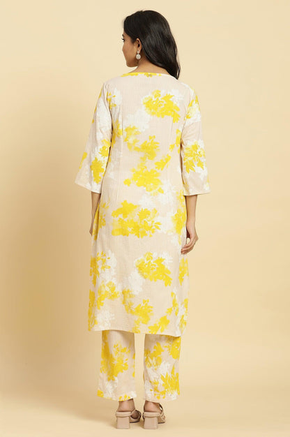 Off White Floral Printed Seer Sucker Kurta And Pants Set - wforwoman