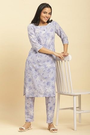 Purple Floral Printed Cotton Kurta And Pants Co-Ord Set