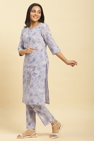 Purple Floral Printed Cotton Kurta And Pants Co-Ord Set