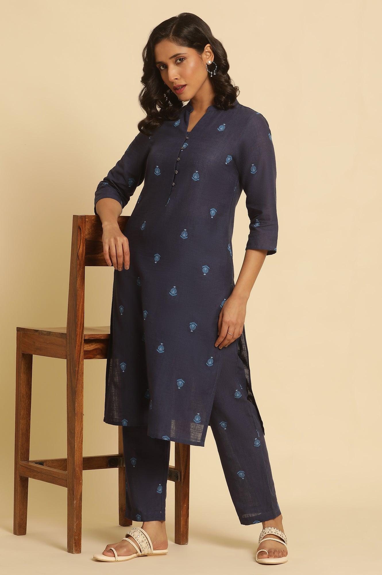 Navy Blue Printed Cotton Kurta And Pants Set - wforwoman