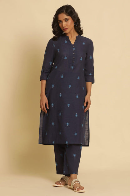 Navy Blue Printed Cotton Kurta And Pants Set - wforwoman