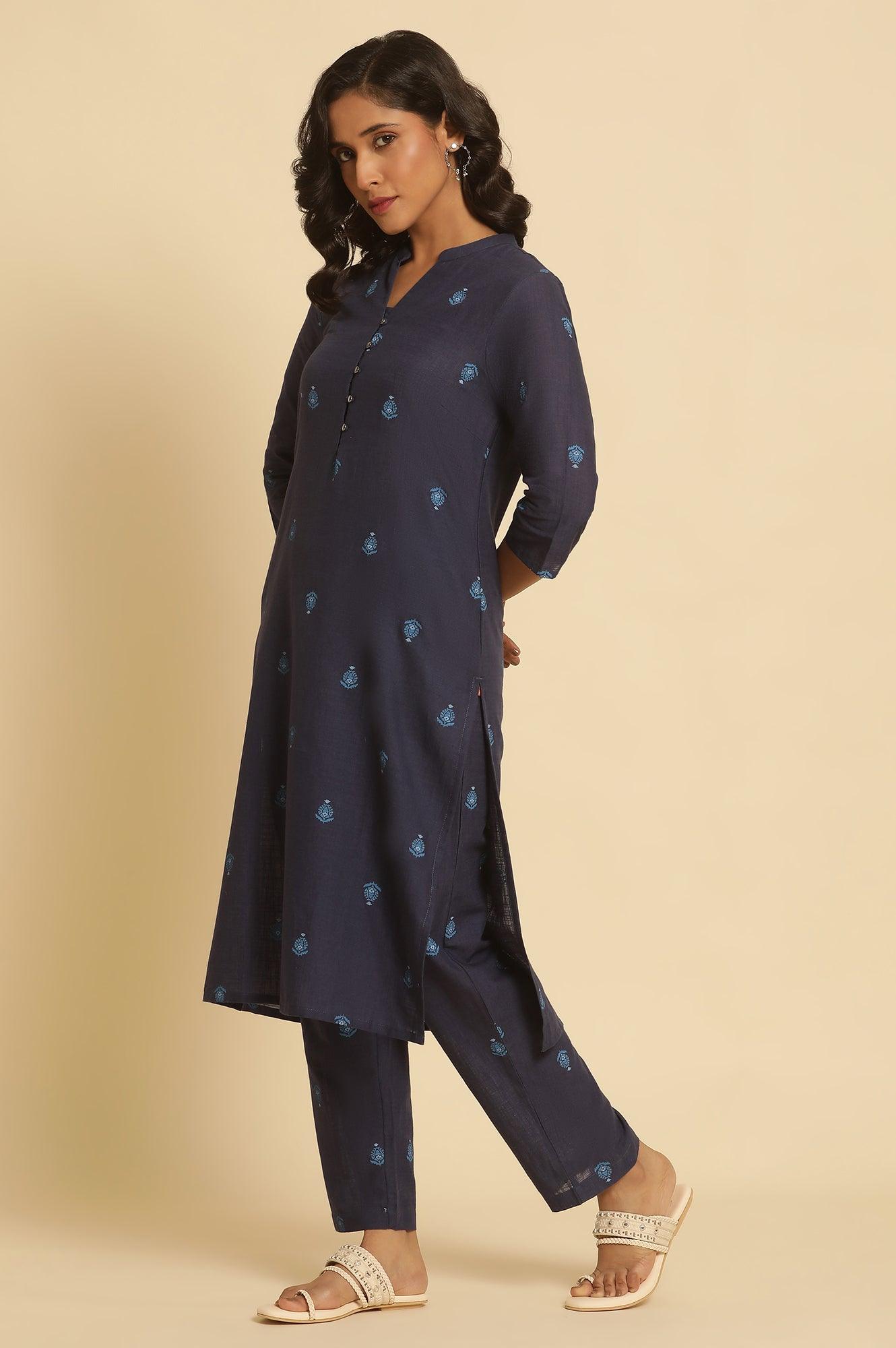 Navy Blue Printed Cotton Kurta And Pants Set - wforwoman