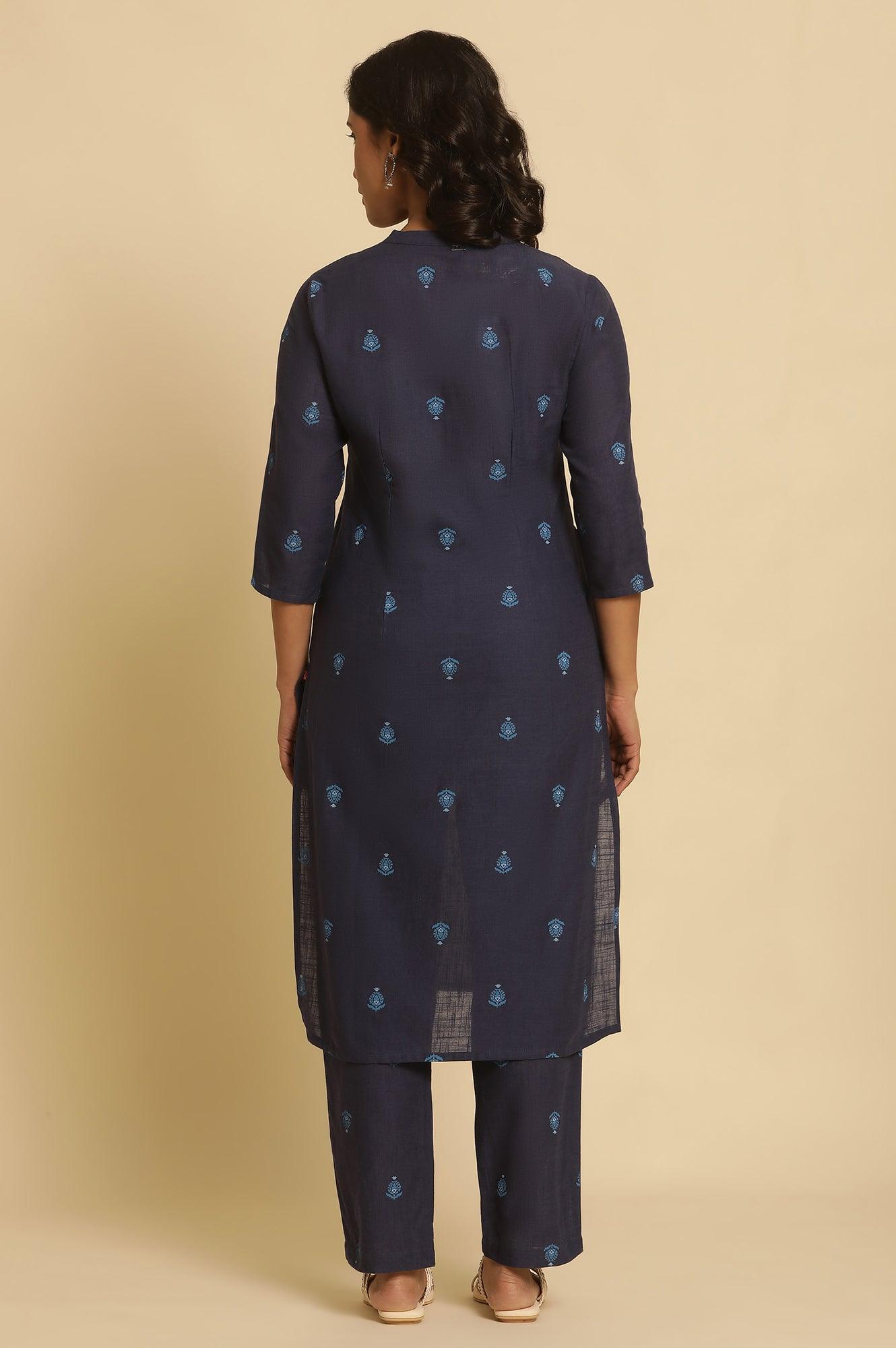 Navy Blue Printed Cotton Kurta And Pants Set - wforwoman