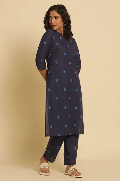 Navy Blue Printed Cotton Kurta And Pants Set - wforwoman