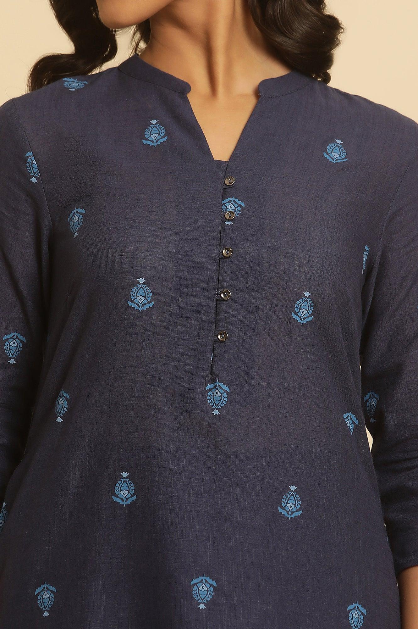 Navy Blue Printed Cotton Kurta And Pants Set - wforwoman