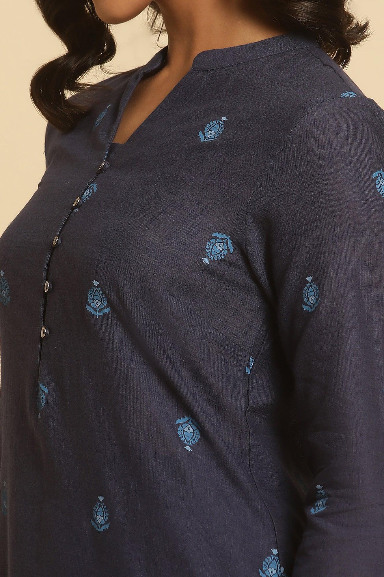 Navy Blue Printed Cotton Kurta And Pants Set - wforwoman