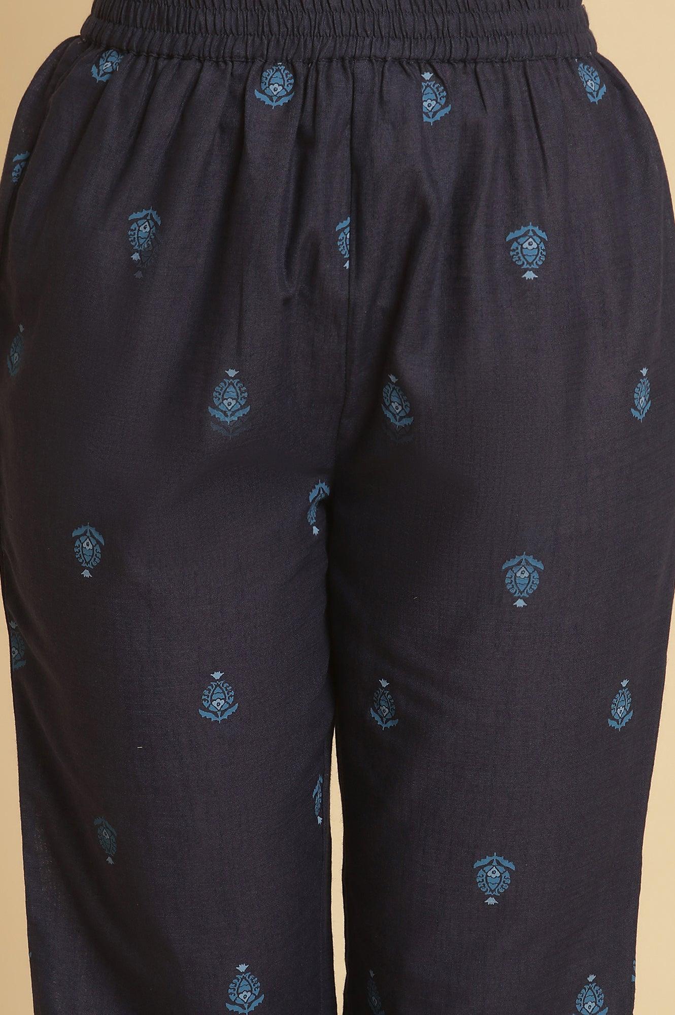 Navy Blue Printed Cotton Kurta And Pants Set - wforwoman