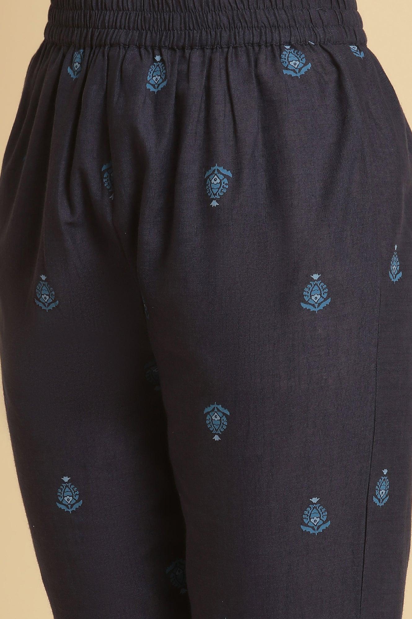 Navy Blue Printed Cotton Kurta And Pants Set - wforwoman