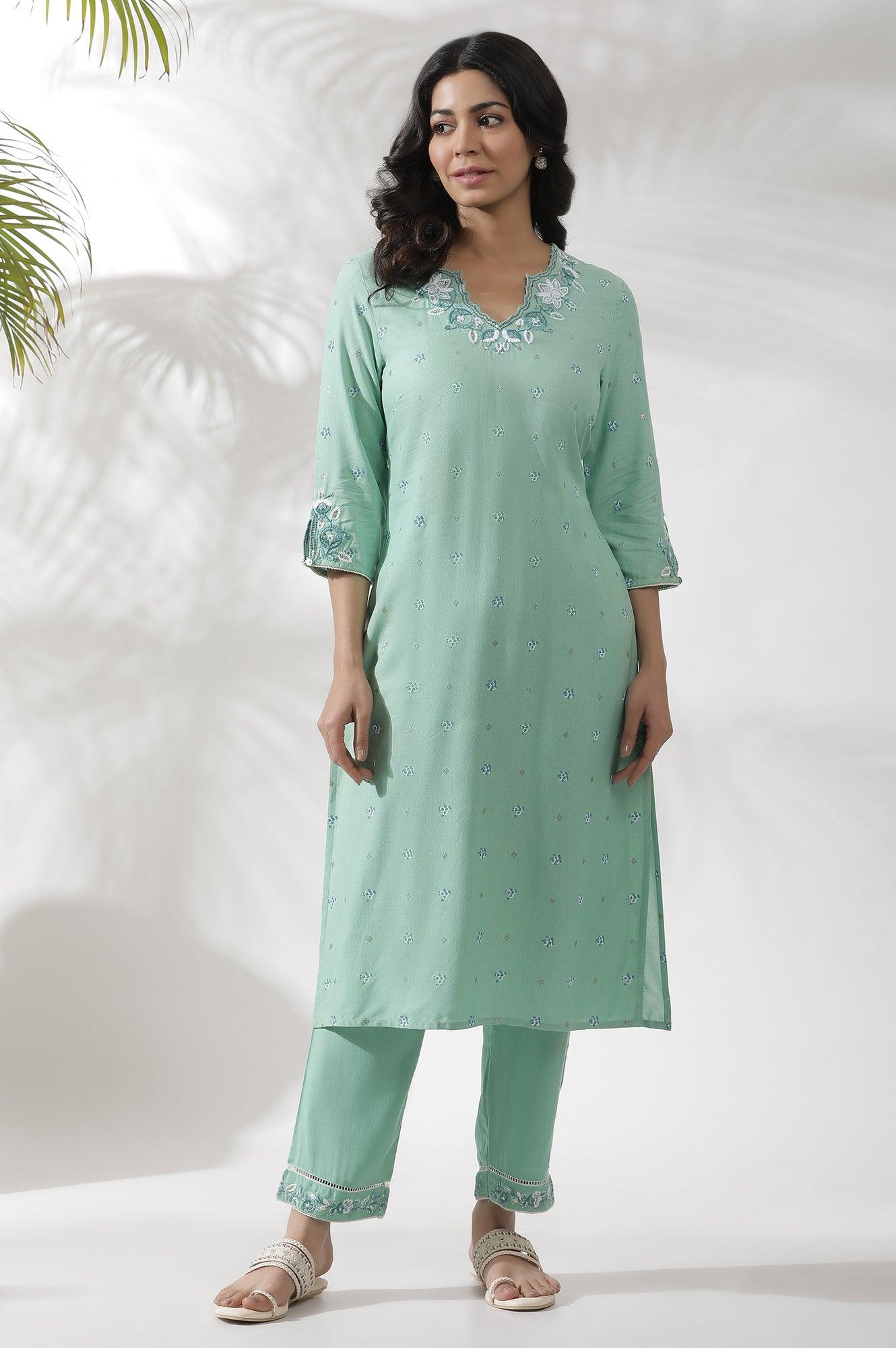 Green Floral Printed And Embroidered Kurta - wforwoman