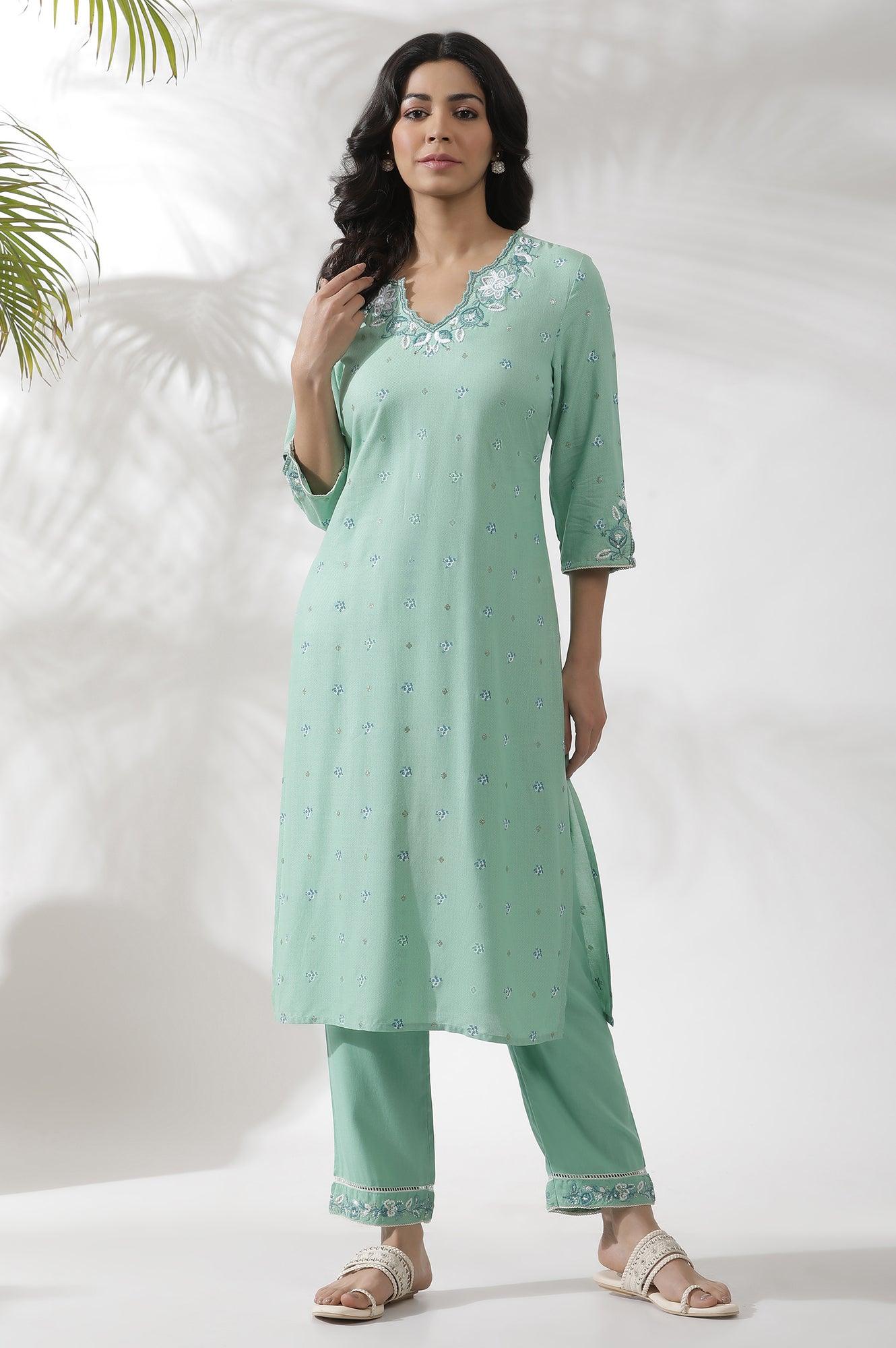 Green Floral Printed And Embroidered Kurta - wforwoman