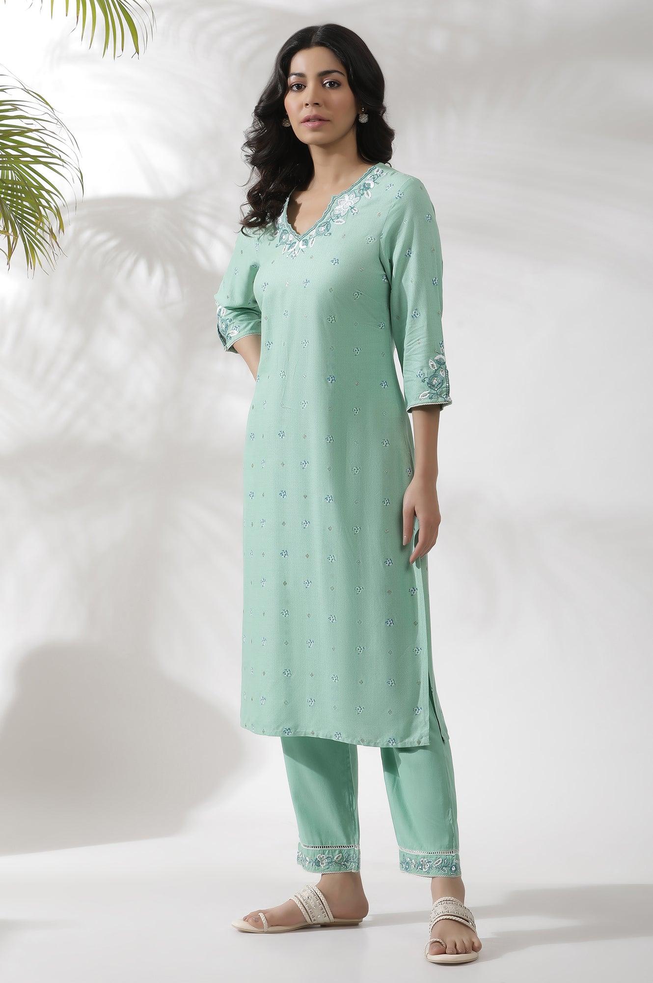 Green Floral Printed And Embroidered Kurta - wforwoman