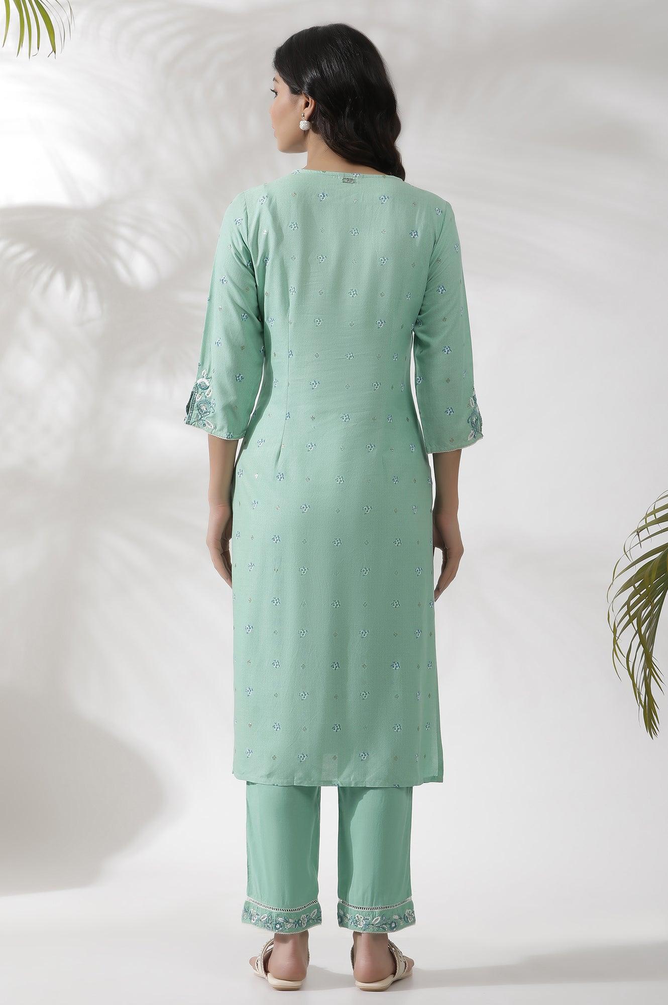 Green Floral Printed And Embroidered Kurta - wforwoman