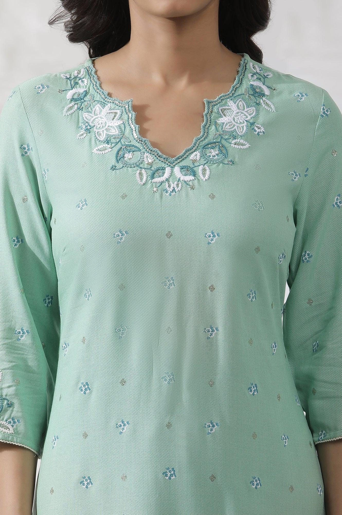 Green Floral Printed And Embroidered Kurta - wforwoman