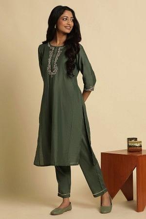 Green Metallic Embroidered Kurta And Pants Set - wforwoman