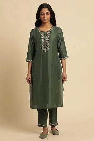 Green Metallic Embroidered Kurta And Pants Set - wforwoman