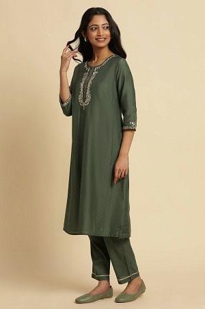 Green Metallic Embroidered Kurta And Pants Set - wforwoman