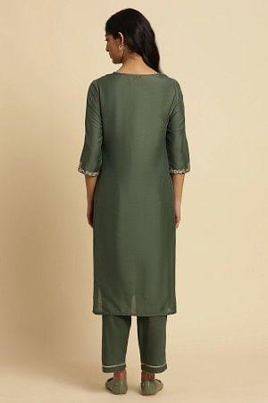 Green Metallic Embroidered Kurta And Pants Set - wforwoman