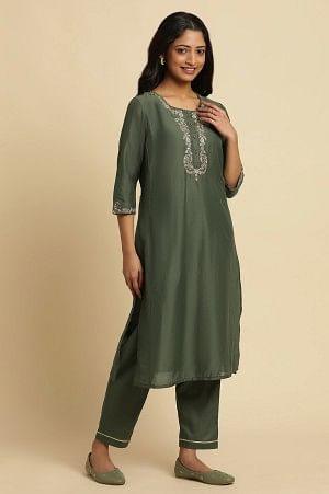 Green Metallic Embroidered Kurta And Pants Set - wforwoman