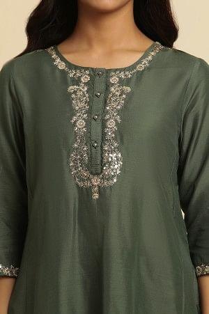 Green Metallic Embroidered Kurta And Pants Set - wforwoman