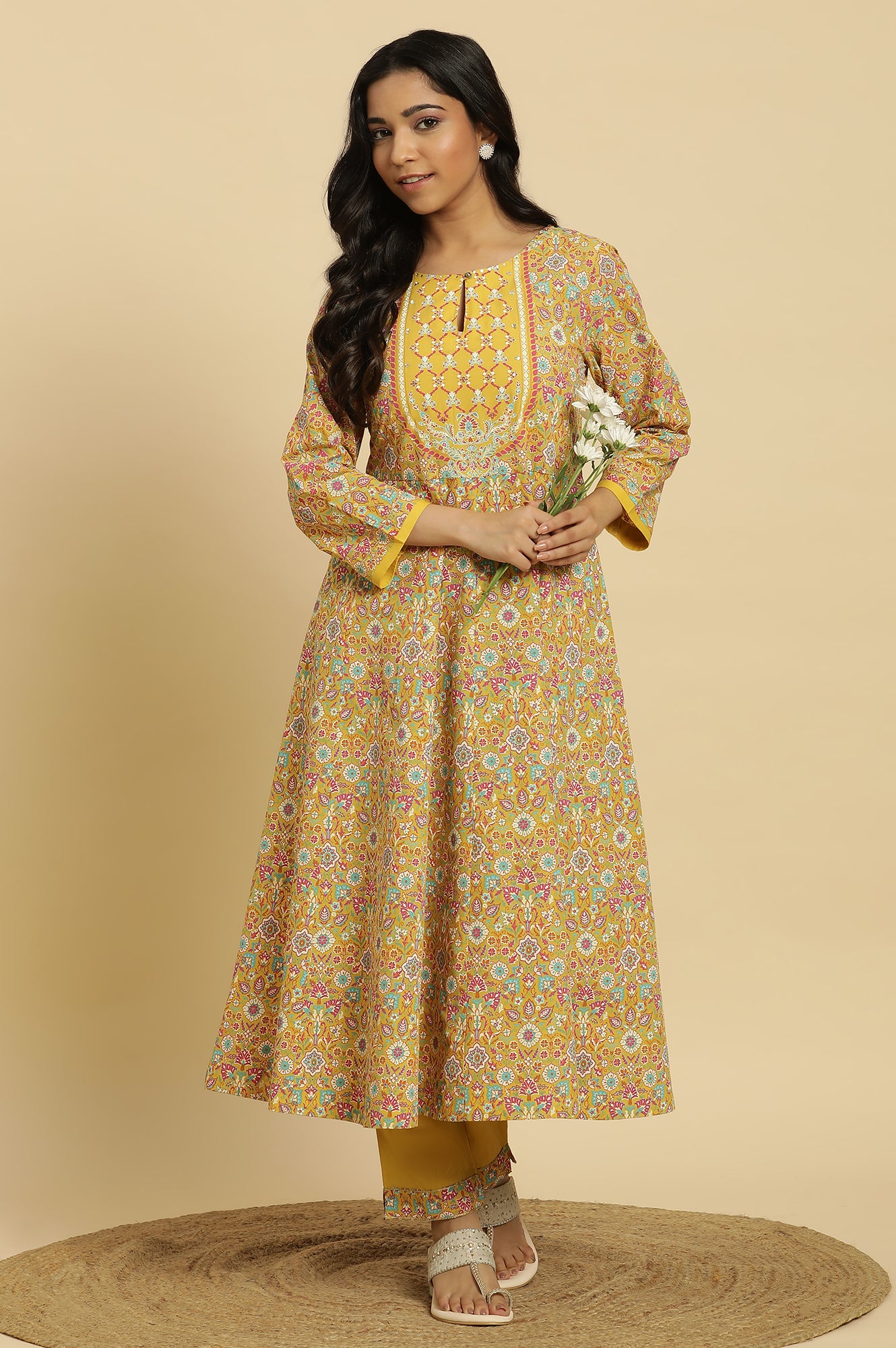 Yellow Floral Printed Flared Kurta And Pants Set