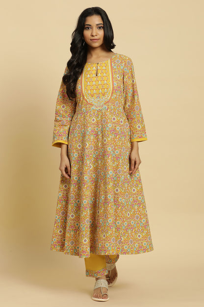 Yellow Floral Printed Flared Kurta And Pants Set