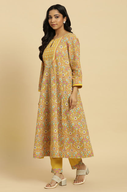 Yellow Floral Printed Flared Kurta And Pants Set