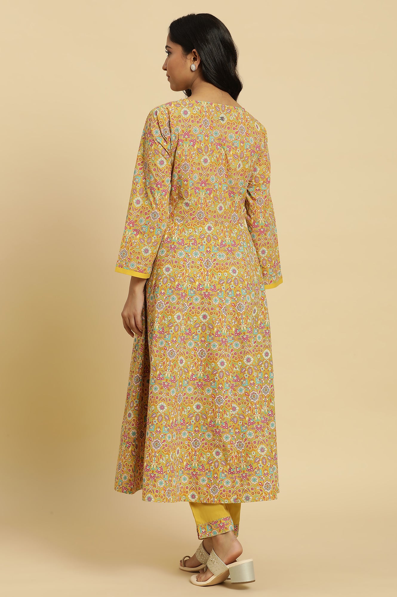 Yellow Floral Printed Flared Kurta And Pants Set