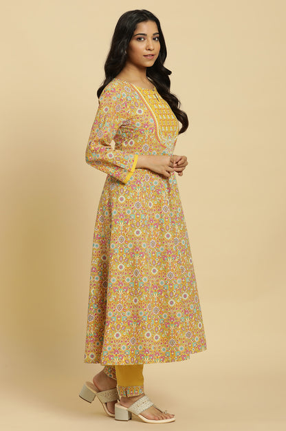 Yellow Floral Printed Flared Kurta And Pants Set