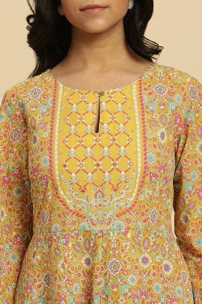 Yellow Floral Printed Flared Kurta And Pants Set