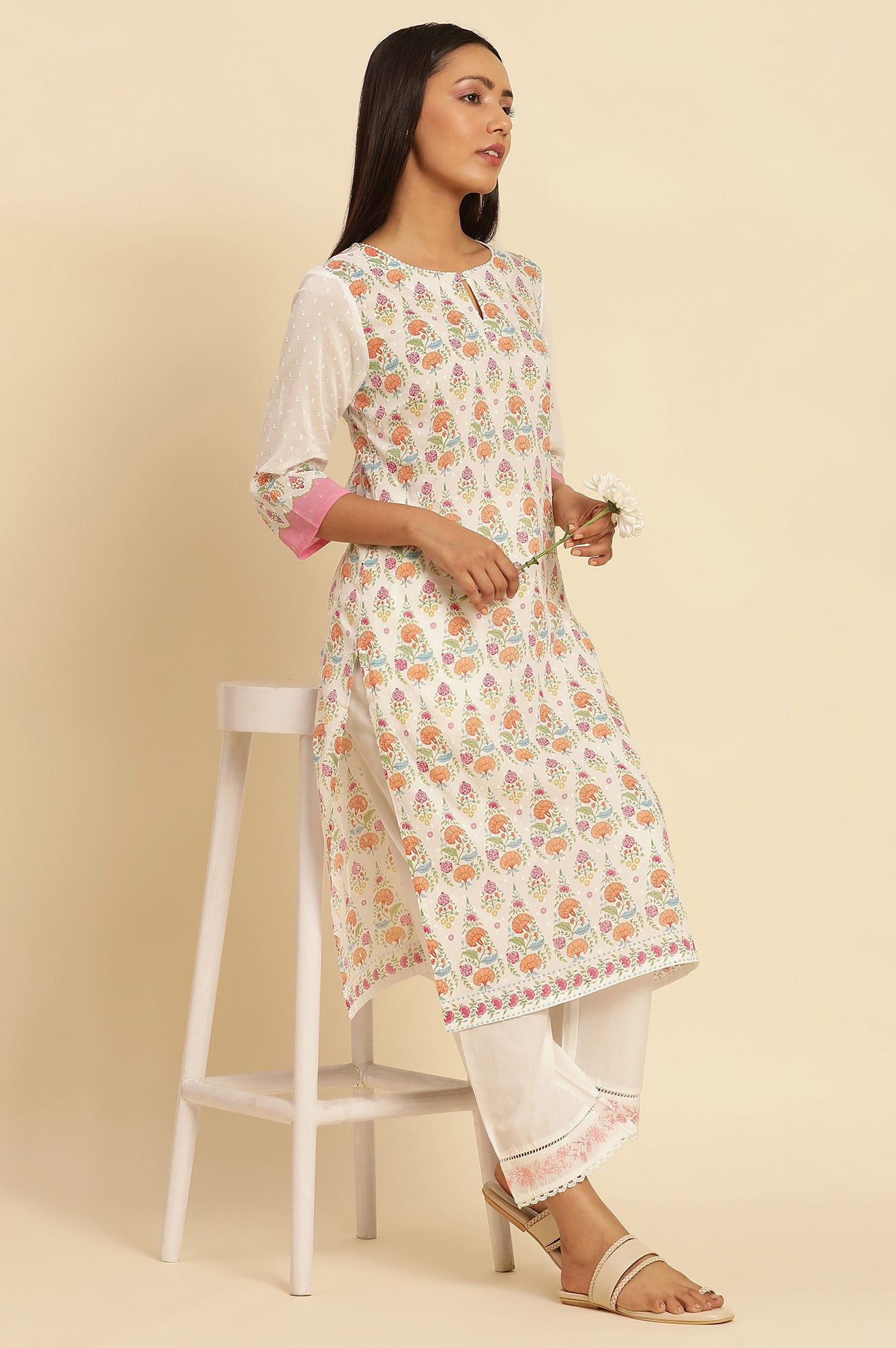 White Cotton A-Line Kurta In Multi-Coloured Print