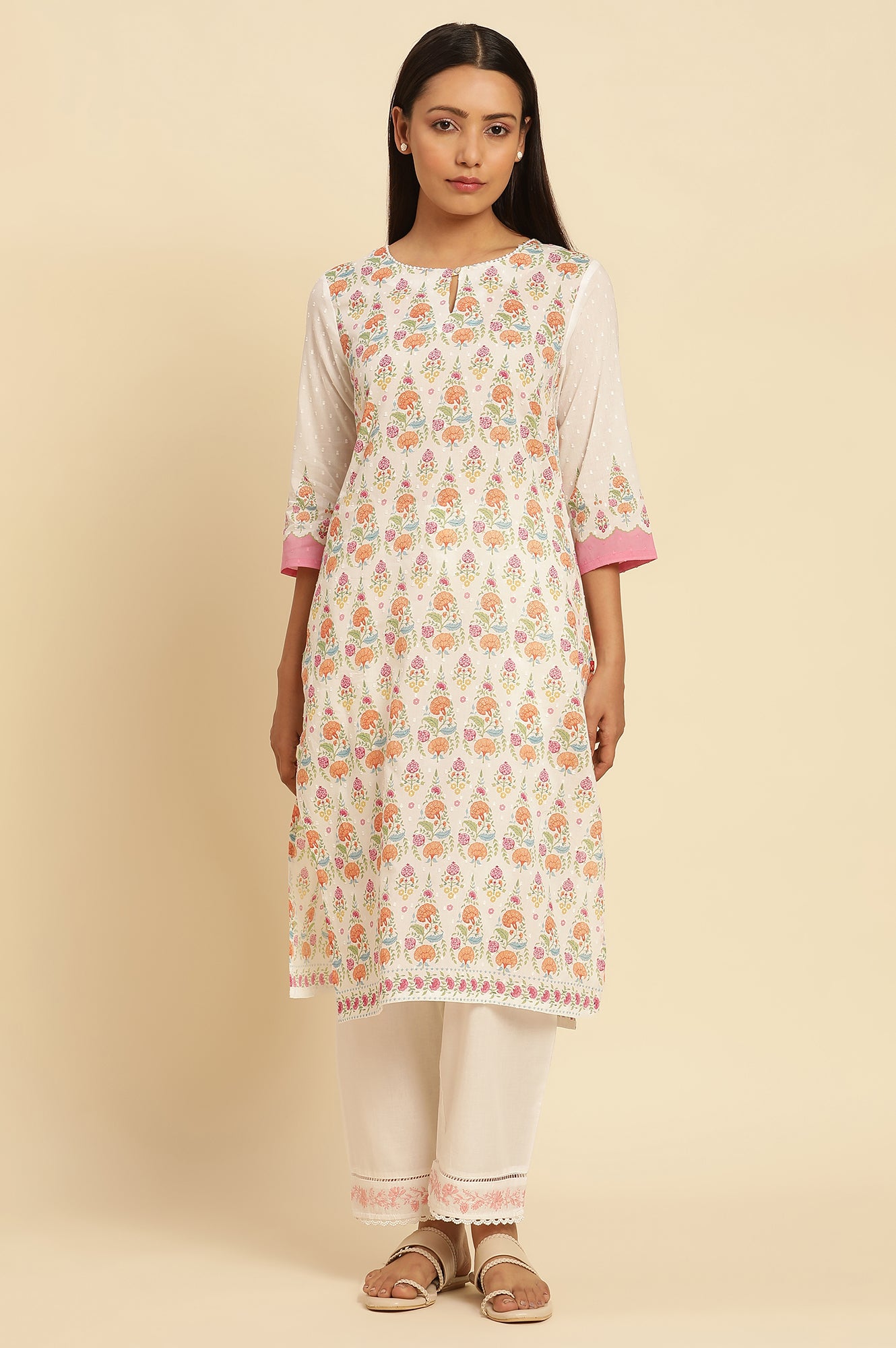 White Cotton A-Line Kurta In Multi-Coloured Print