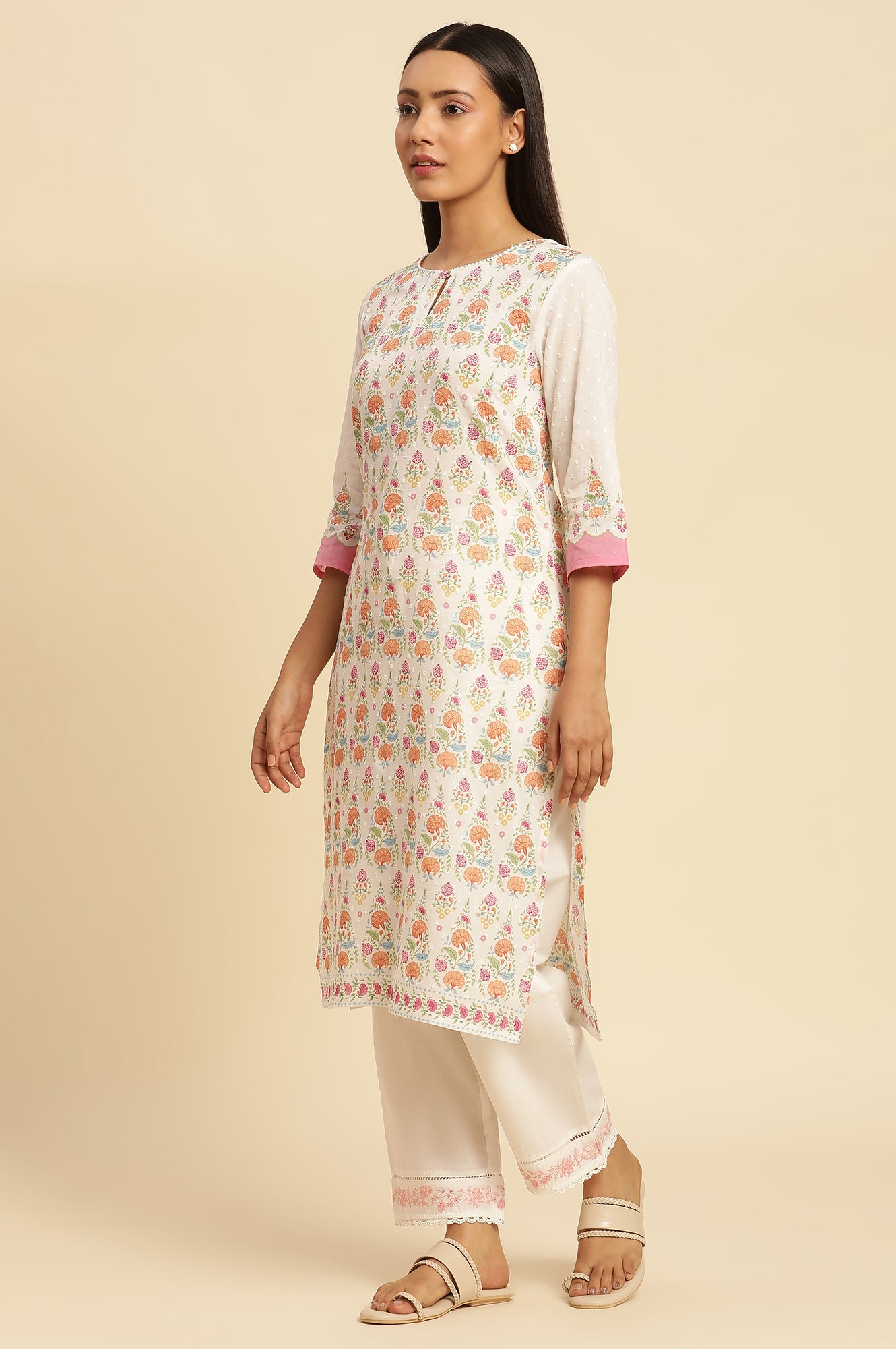 White Cotton A-Line Kurta In Multi-Coloured Print