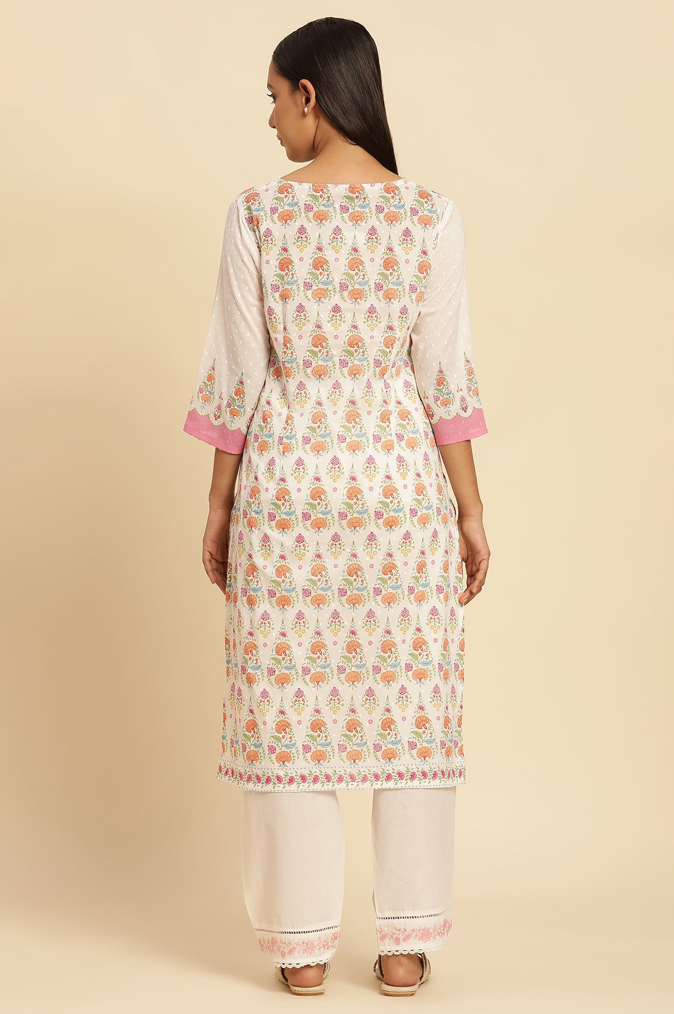 White Cotton A-Line Kurta In Multi-Coloured Print