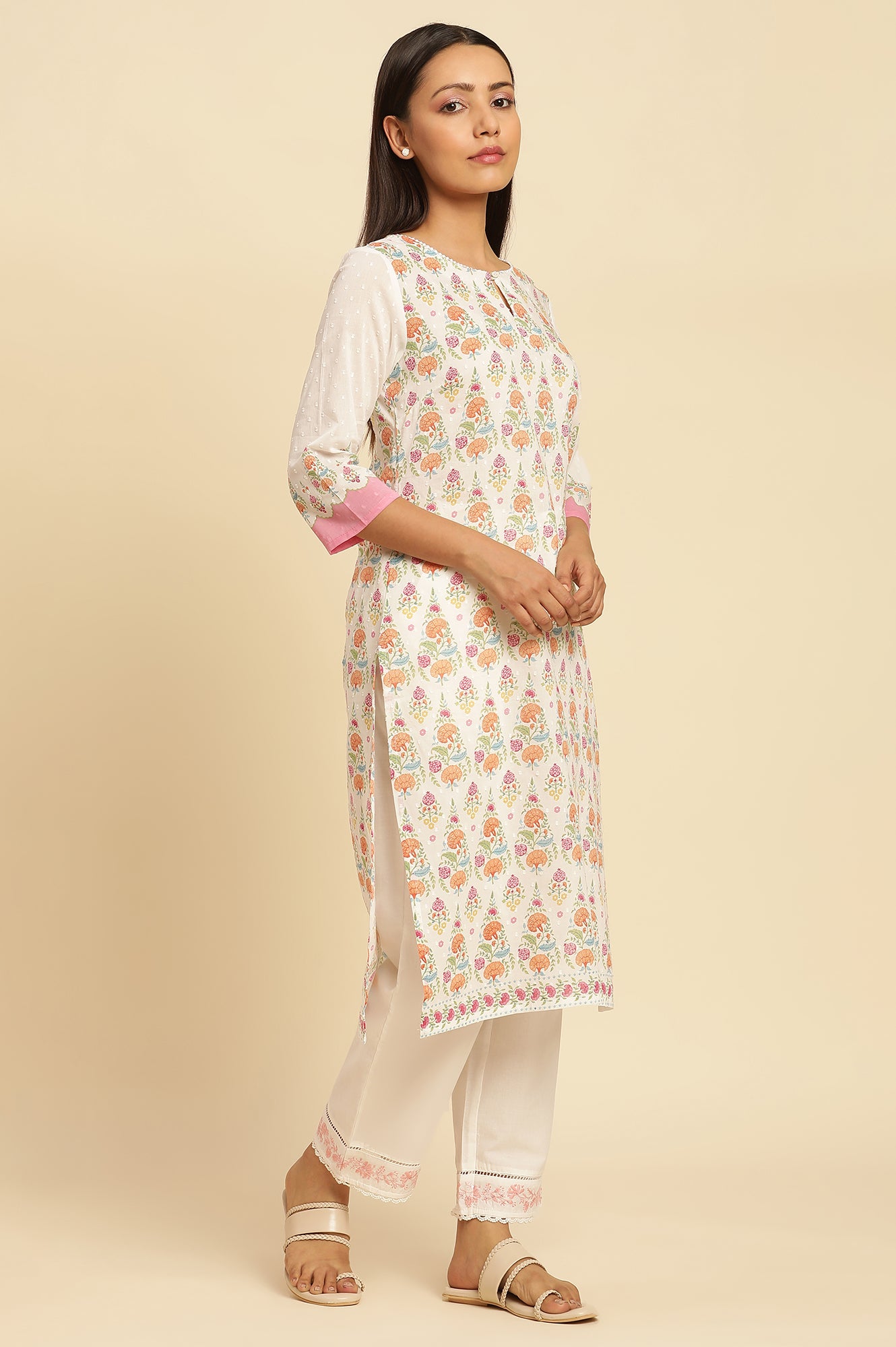 White Cotton A-Line Kurta In Multi-Coloured Print