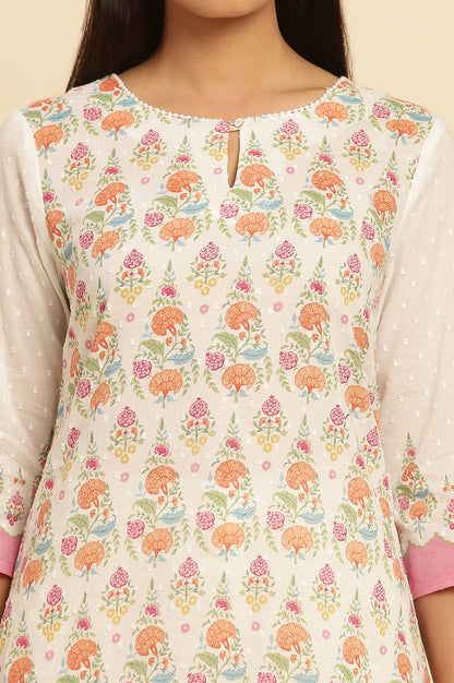 White Cotton A-Line Kurta In Multi-Coloured Print