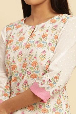 White Cotton A-Line Kurta In Multi-Coloured Print - wforwoman