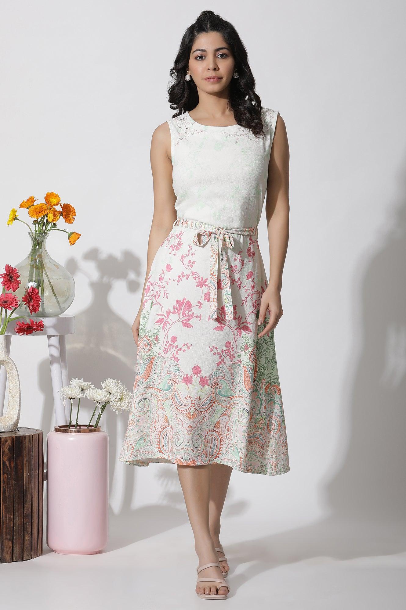White Textured Crepe Dress In Multi-Coloured Print - wforwoman