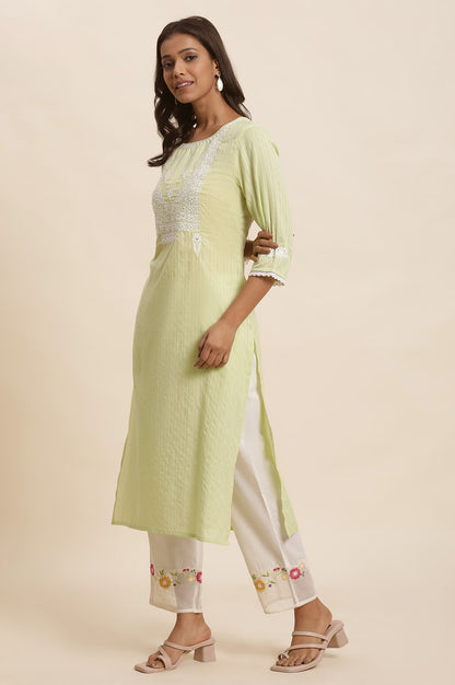 Green Cotton Lurex Embroidered Kurta