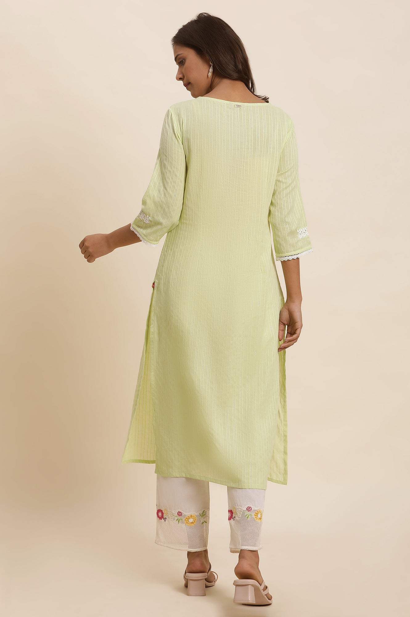 Green Cotton Lurex Embroidered Kurta