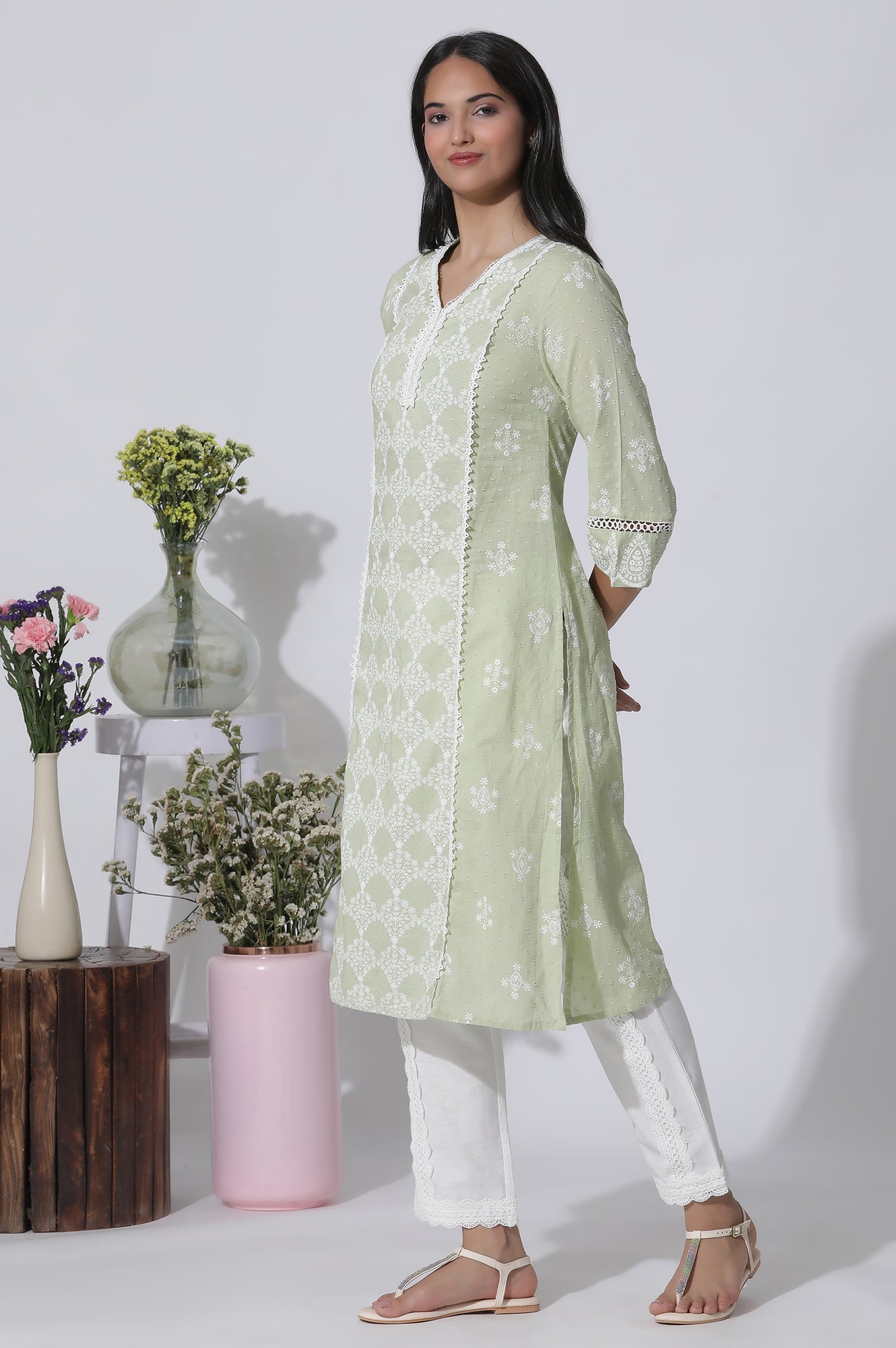 Light Green Cotton Printed Kurta With Lace