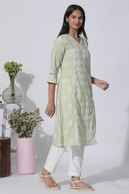 Light Green Cotton Printed Kurta With Lace