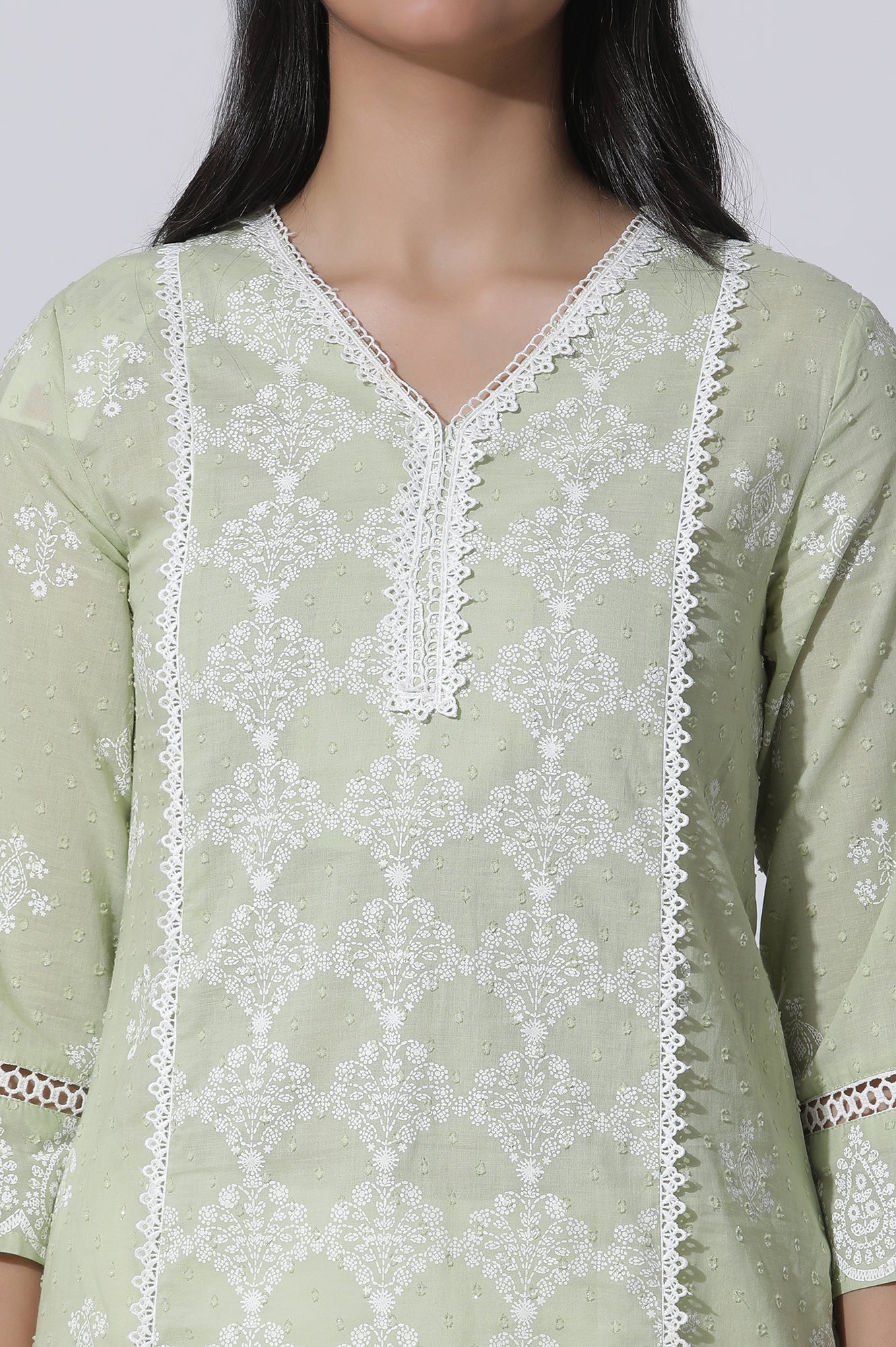 Light Green Cotton Printed Kurta With Lace