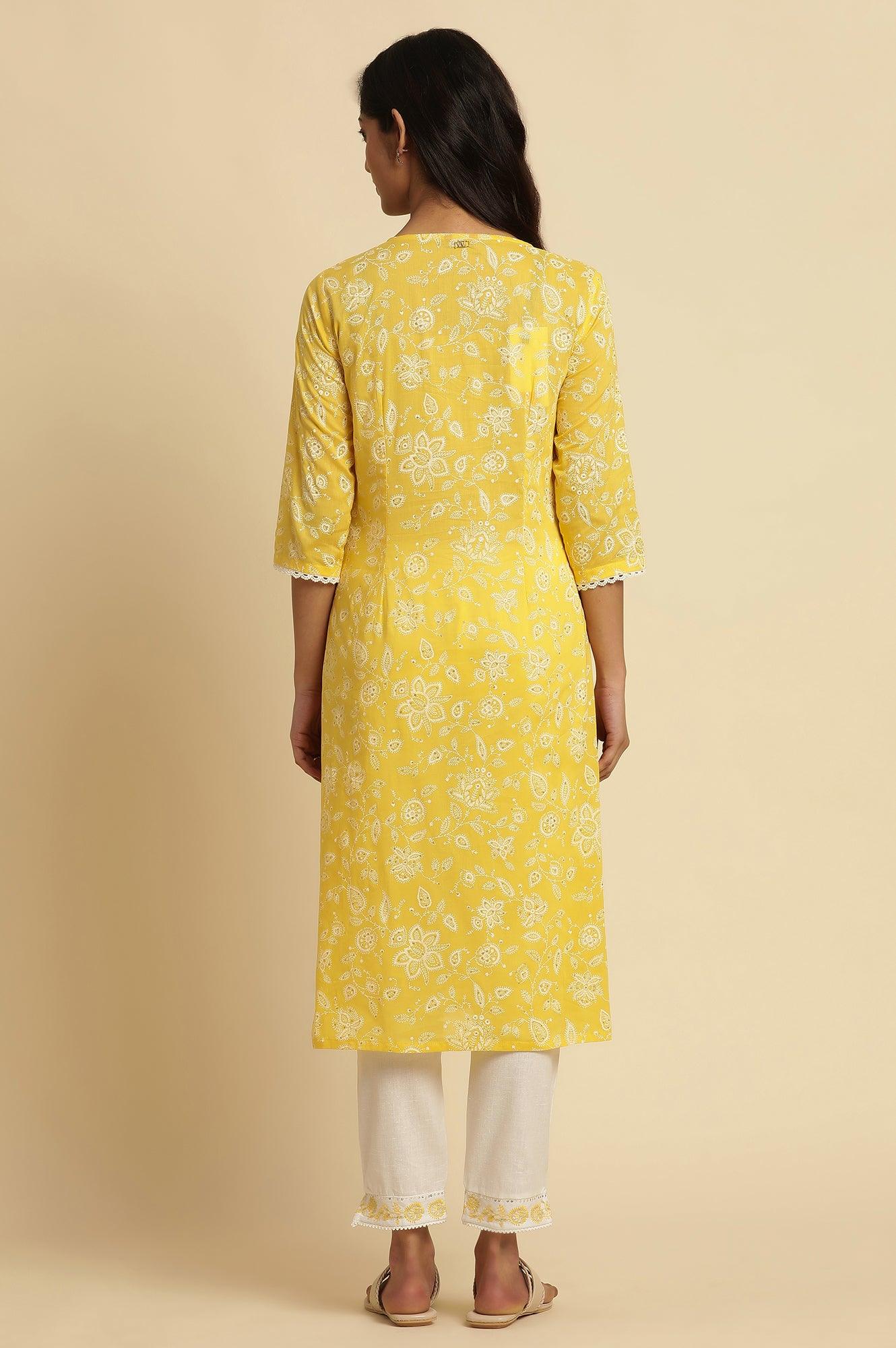Yellow Printed A-Line Cotton Kurta - wforwoman
