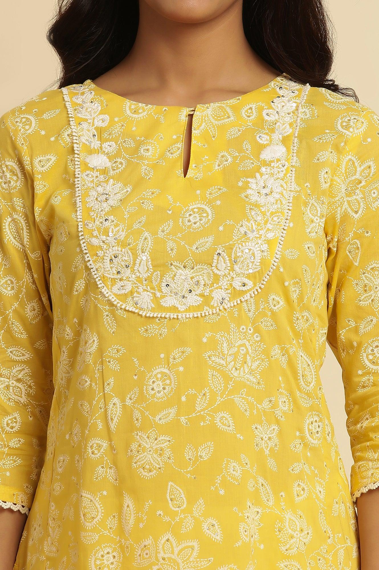 Yellow Printed A-Line Cotton Kurta - wforwoman