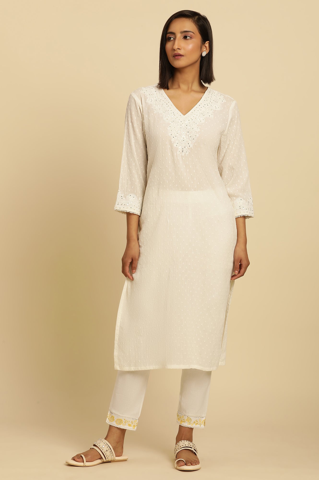 Ecru Chikankari Embroidered Kurta