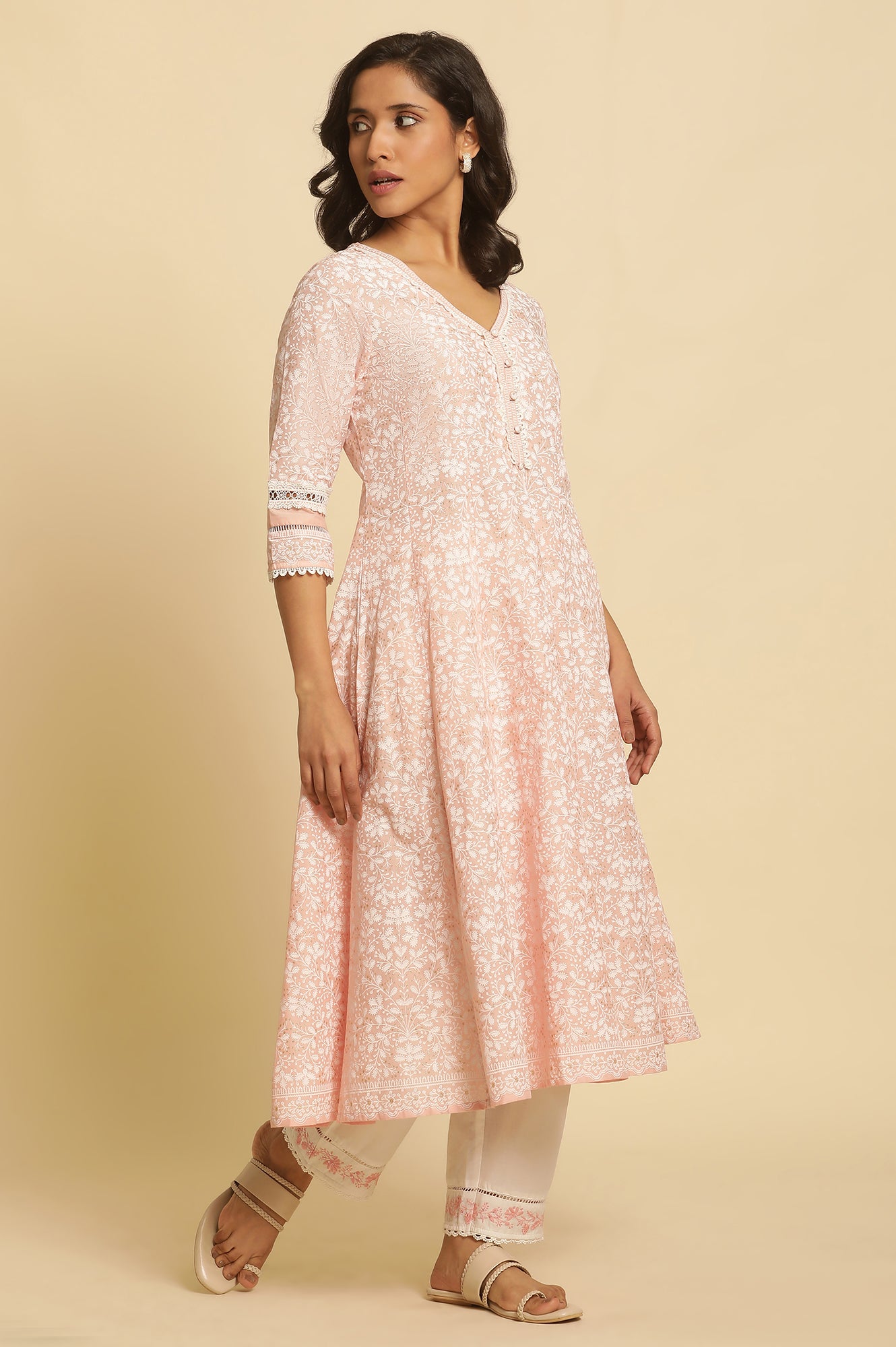 Light Pink Floral Printed Panelled Kurta