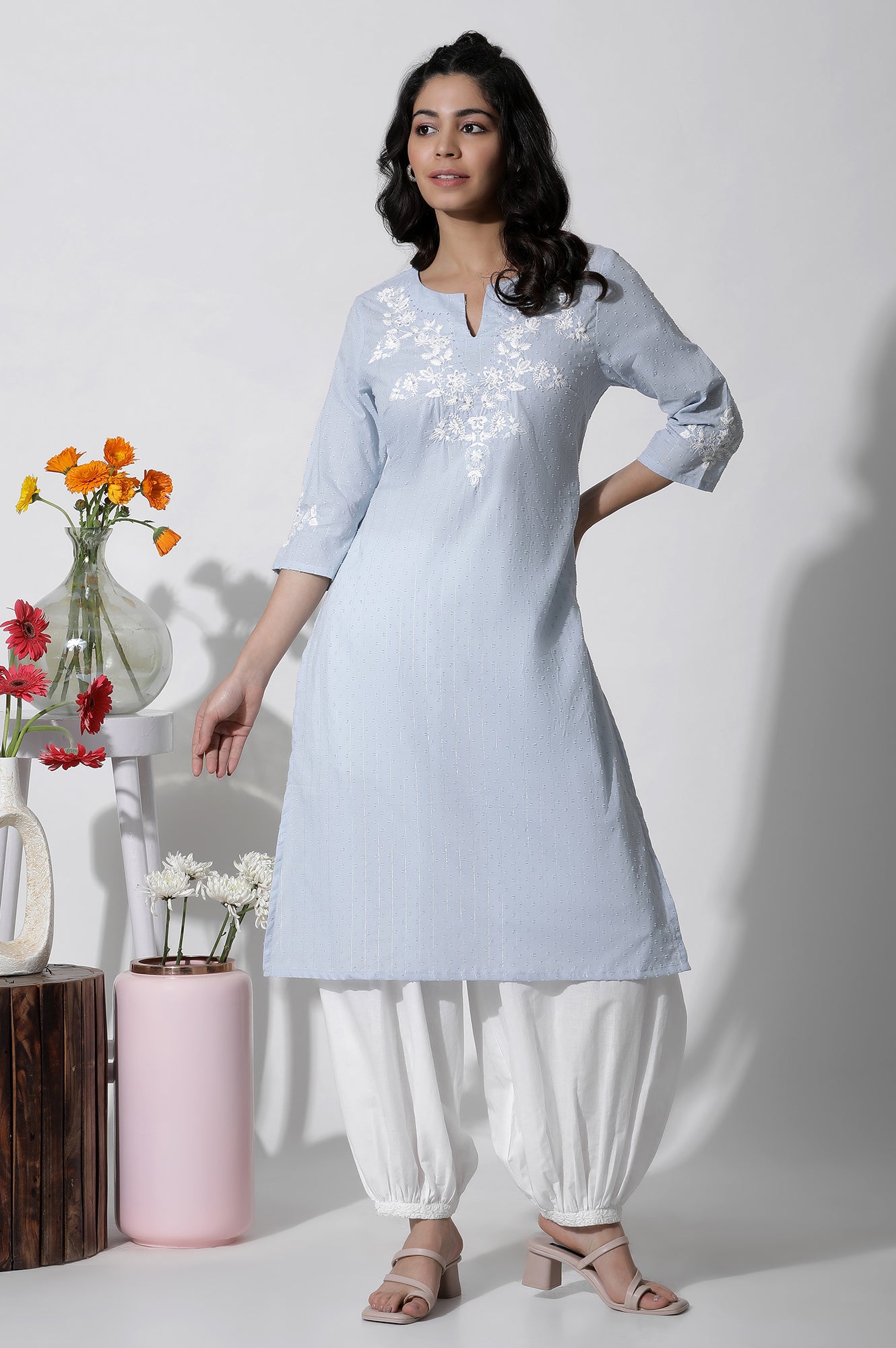 Blue A-Line Textured Cotton Embroidered Kurta