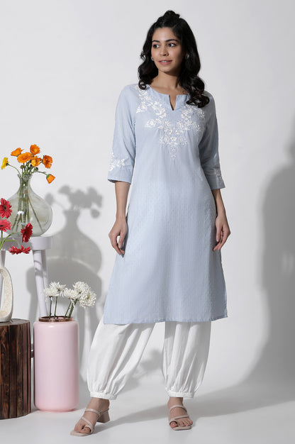 Blue A-Line Textured Cotton Embroidered Kurta